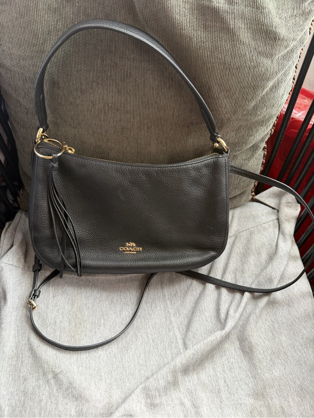 Coach Black Pebbled Leather Shoulder Bag with Tassel Detail
